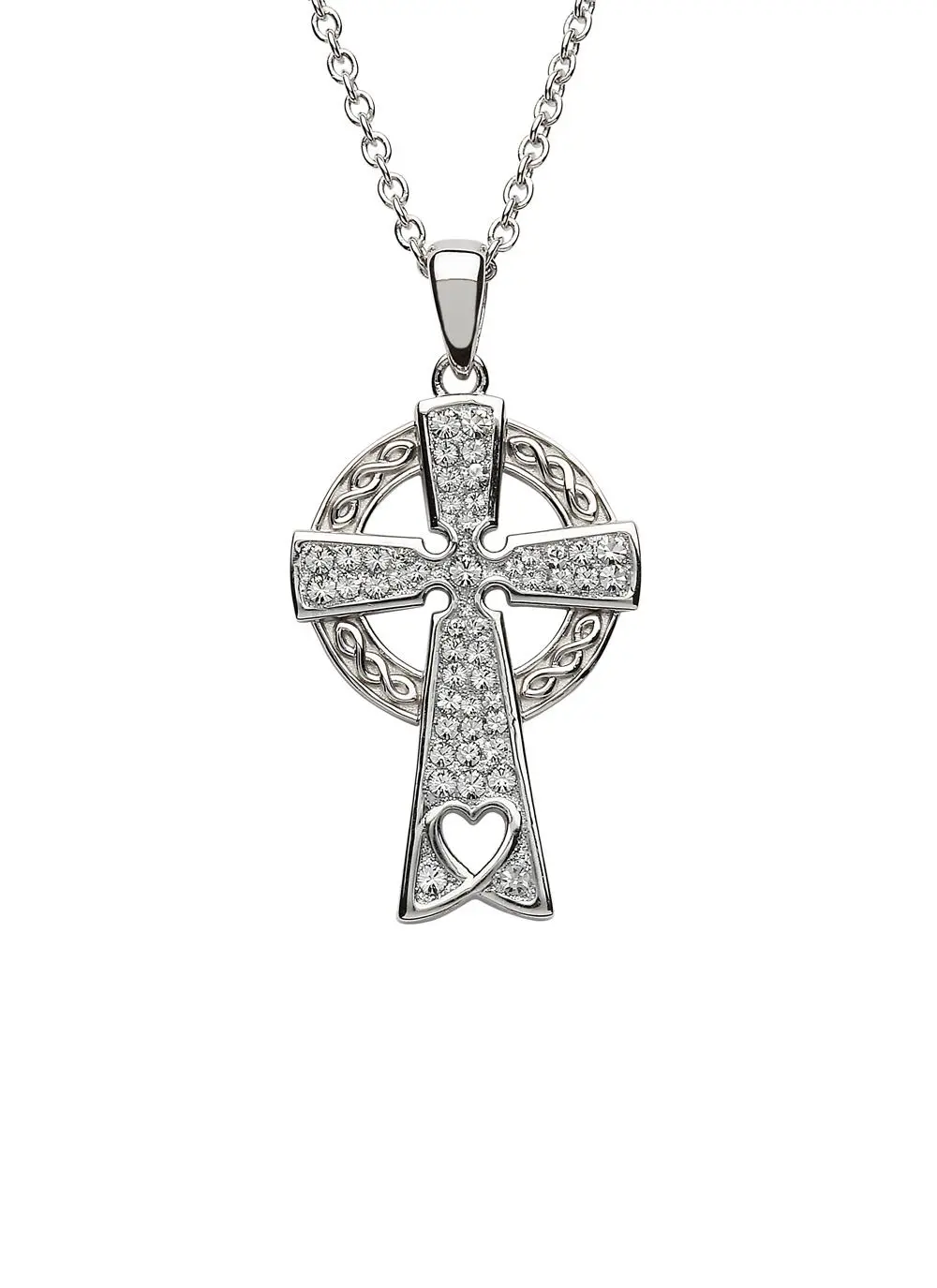 Sterling Silver Celtic Heart Cross Adorned with Swarovski Crystals