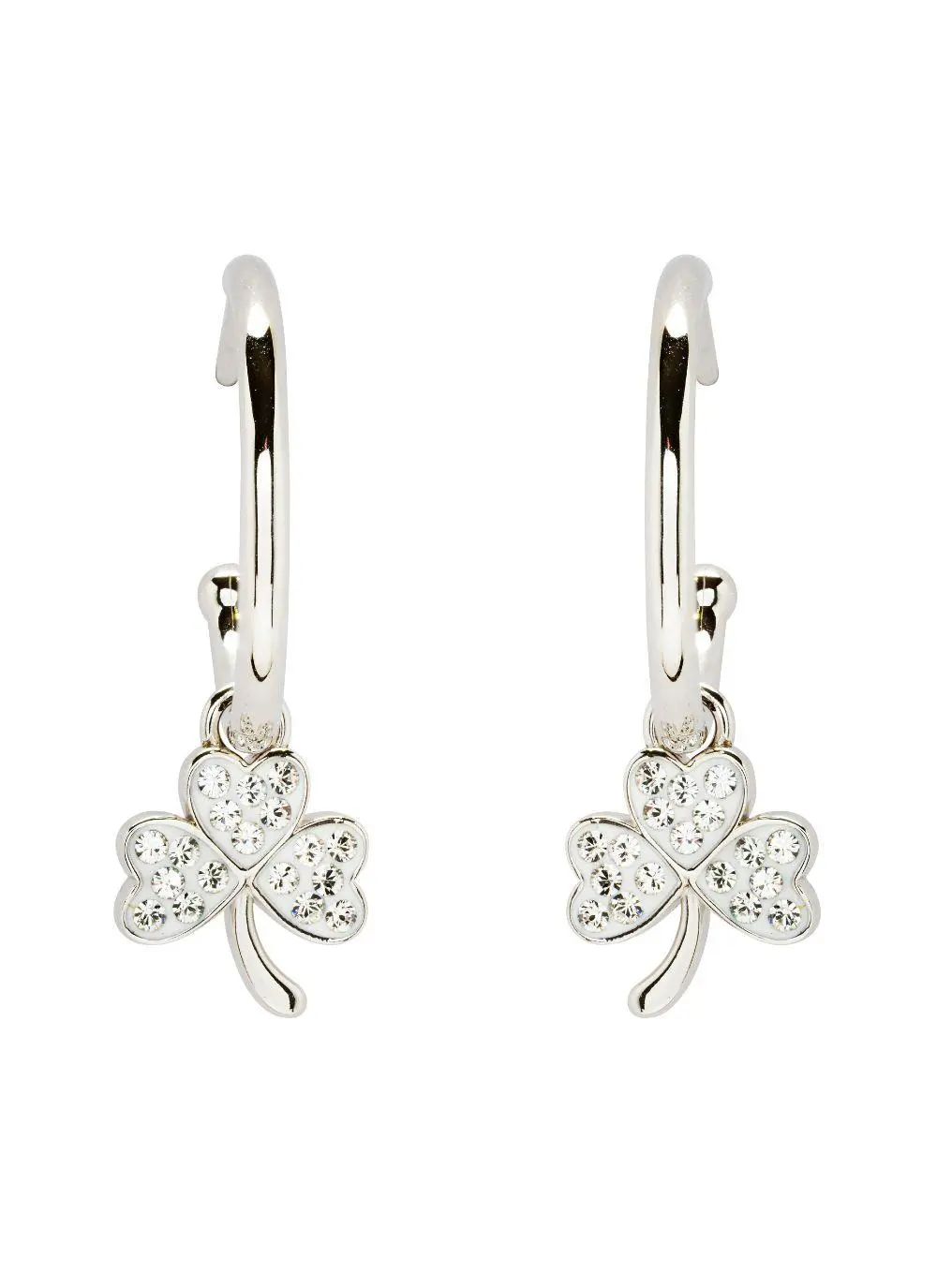 Sterling Silver Shamrock Hoop Earrings with White Cubic Zirconia