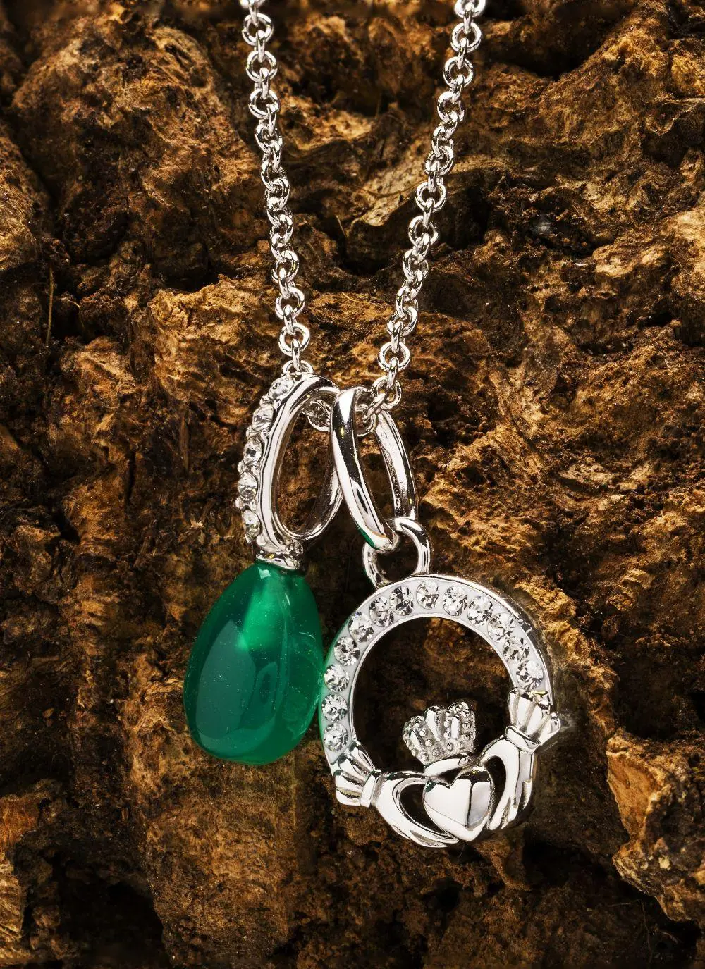 Sterling Silver & Green Agate Claddagh Charm Pendant with Cubic Zirconia