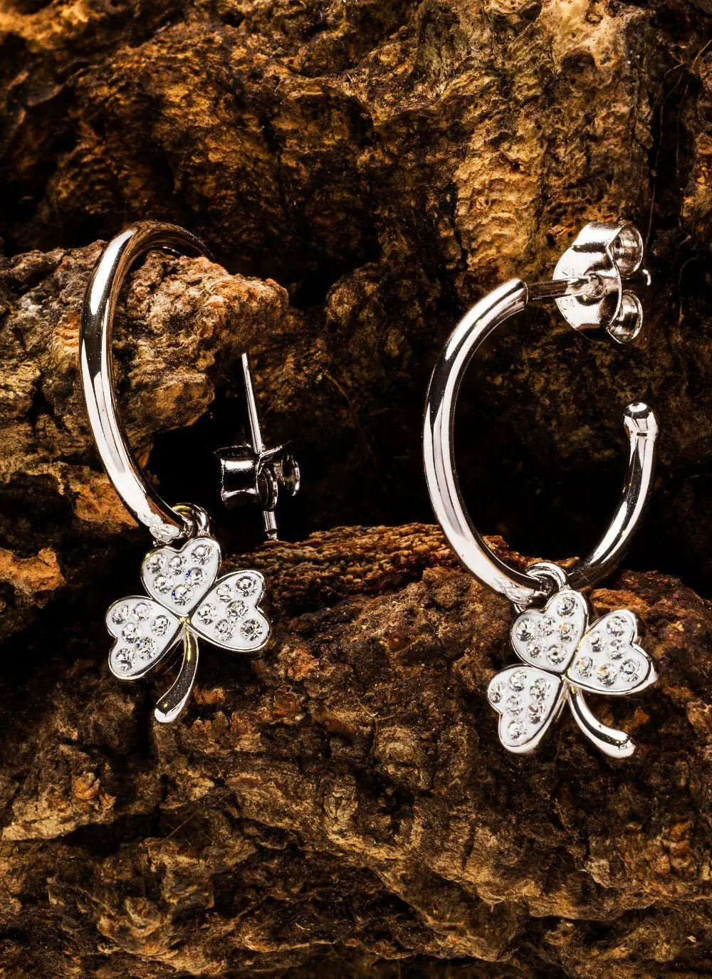 Sterling Silver Shamrock Hoop Earrings with White Cubic Zirconia