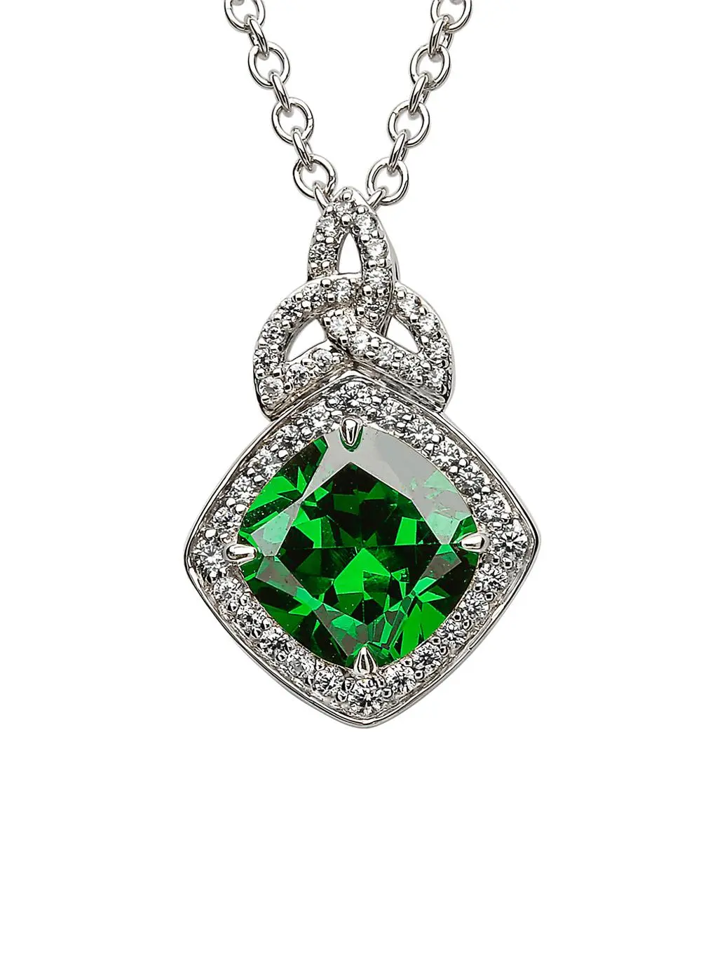Sterling Silver Cushion Halo Pendant Green
