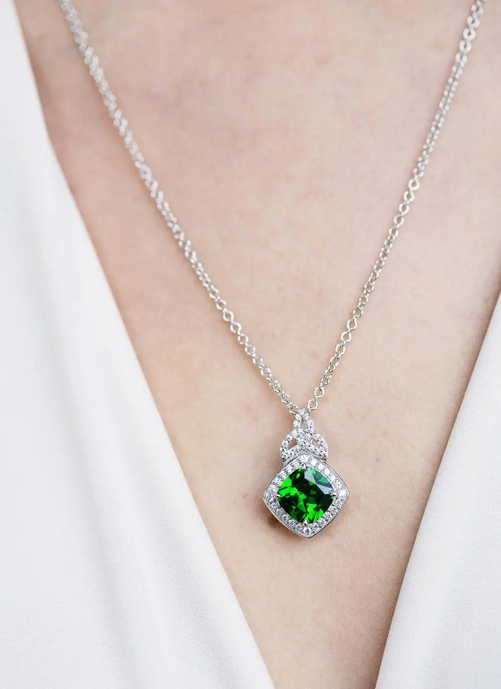 Sterling Silver Cushion Halo Pendant Green