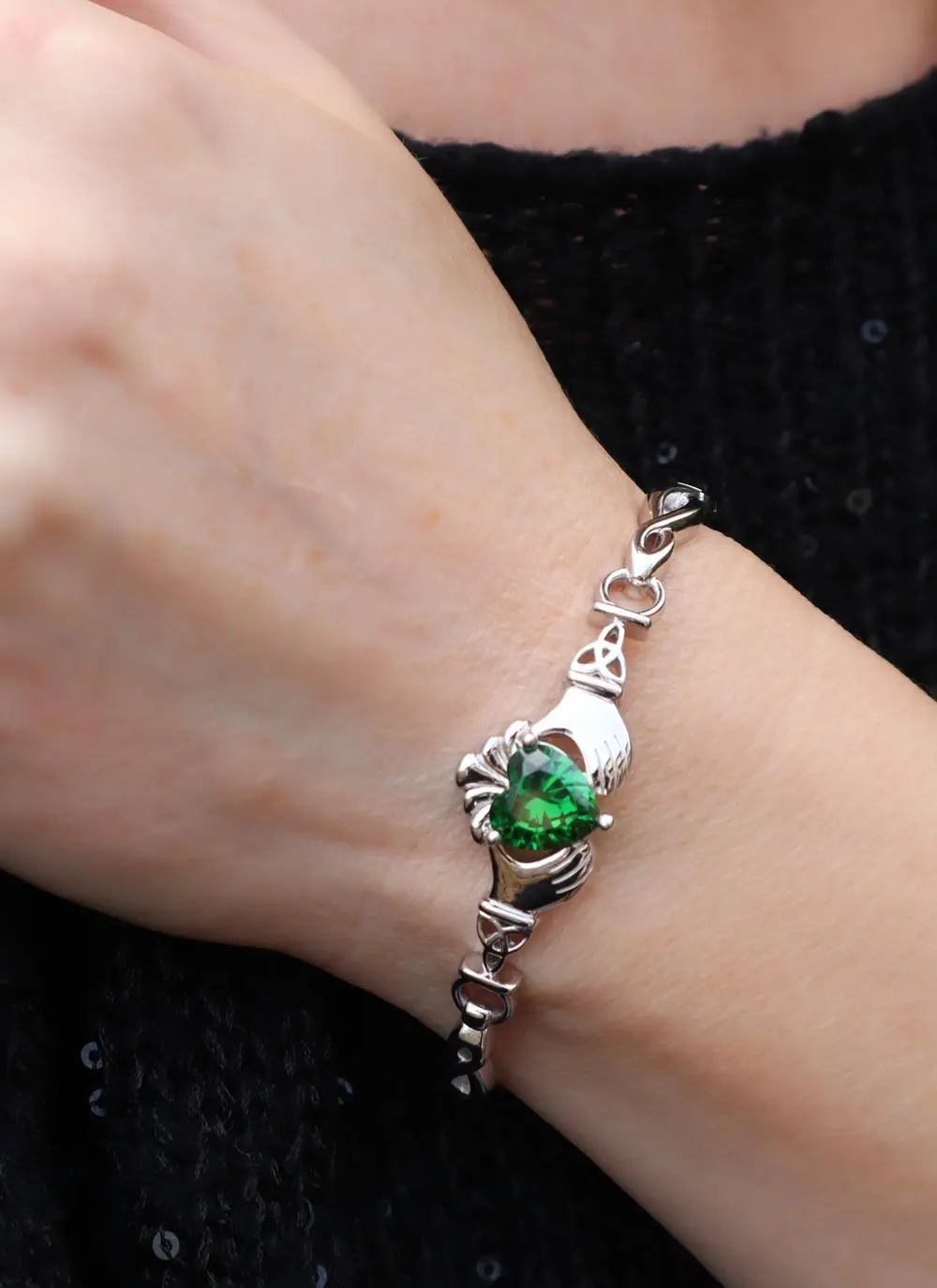 Sterling Silver Green Stone Claddagh Bangle