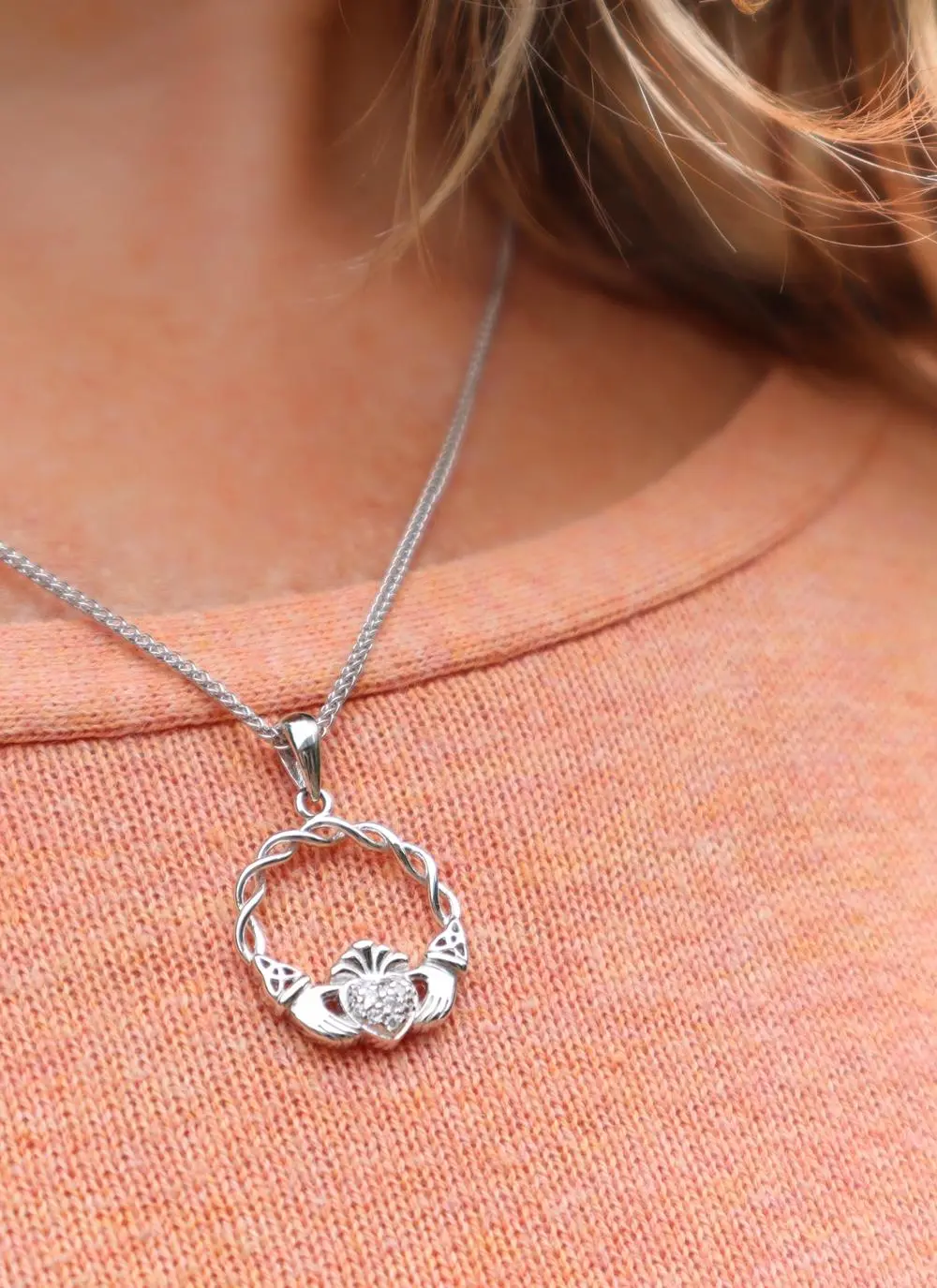 Sterling Silver Pave Set Claddagh Pendant