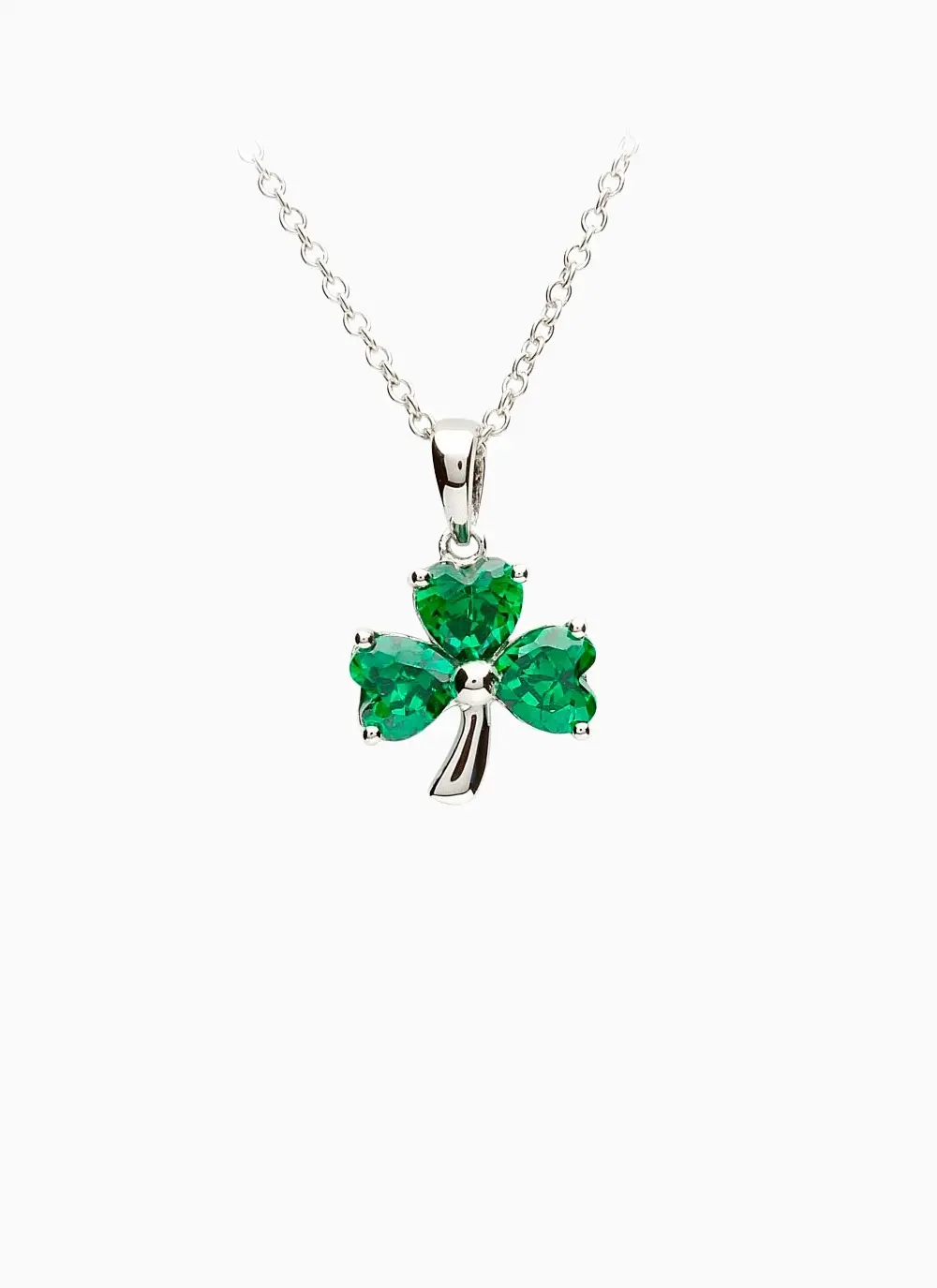 Grey background cut out shot of Sterling Silver Shamrock Celtic Pendant with Green Cubic Zirconia