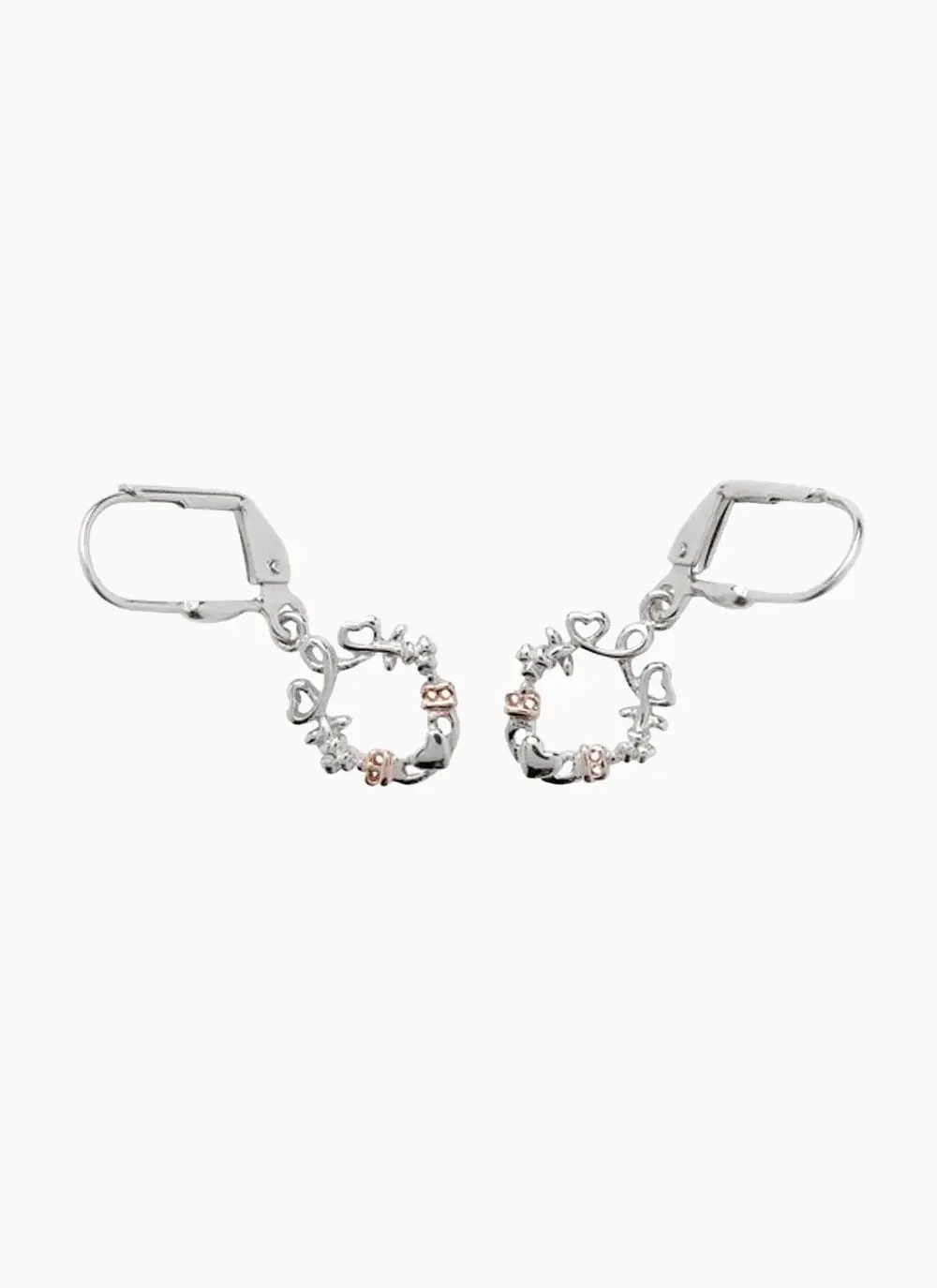 Grey background cut out shot of Sterling Silver Shamrock Claddagh Heart Earrings