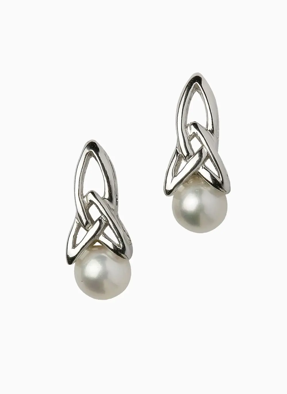 Grey background cut out shot of Sterling Silver Trinity Pearl Earrings
