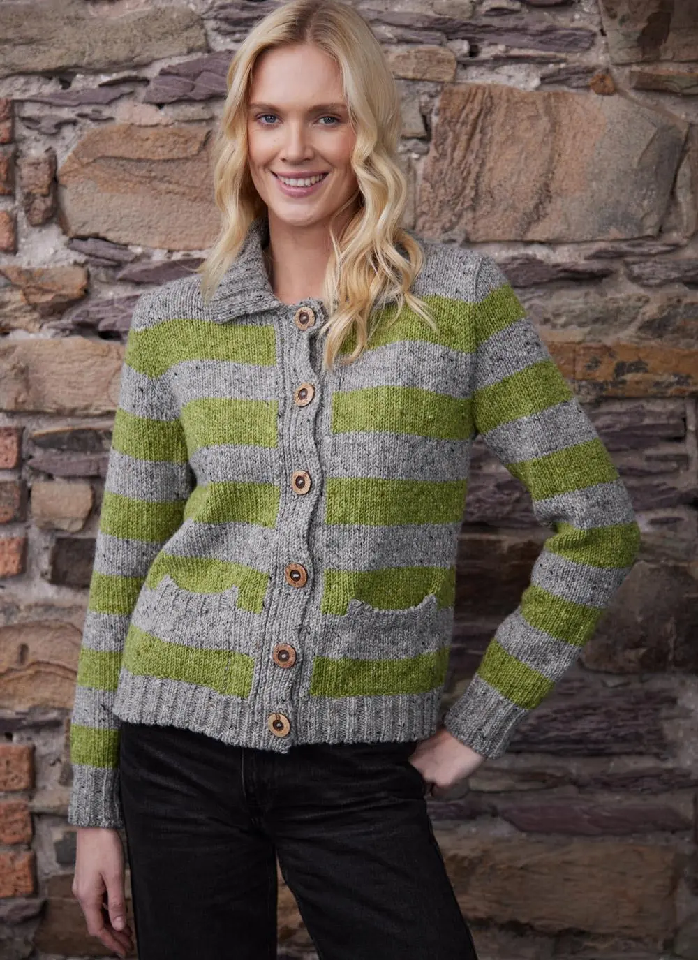 Stripe Button Cardigan with Collar