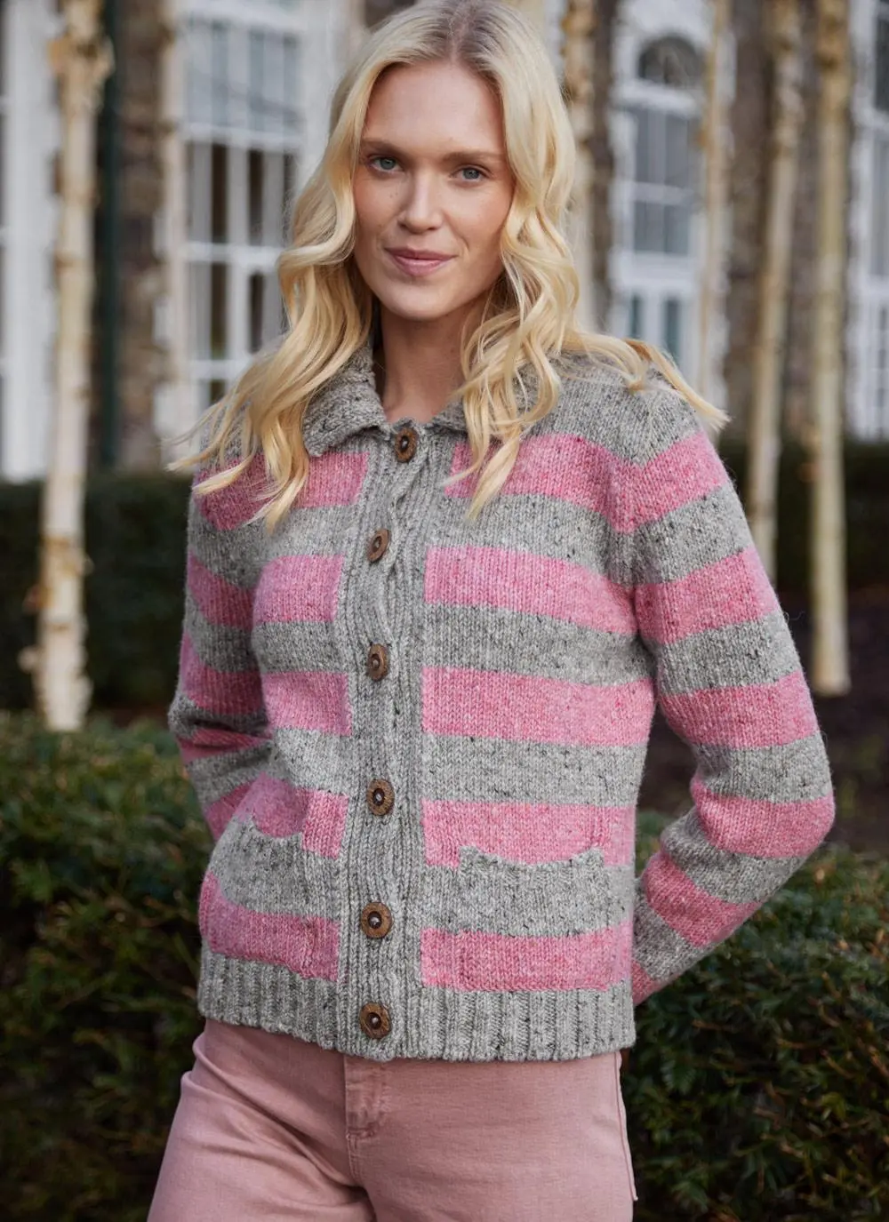 Stripe Button Cardigan with Collar