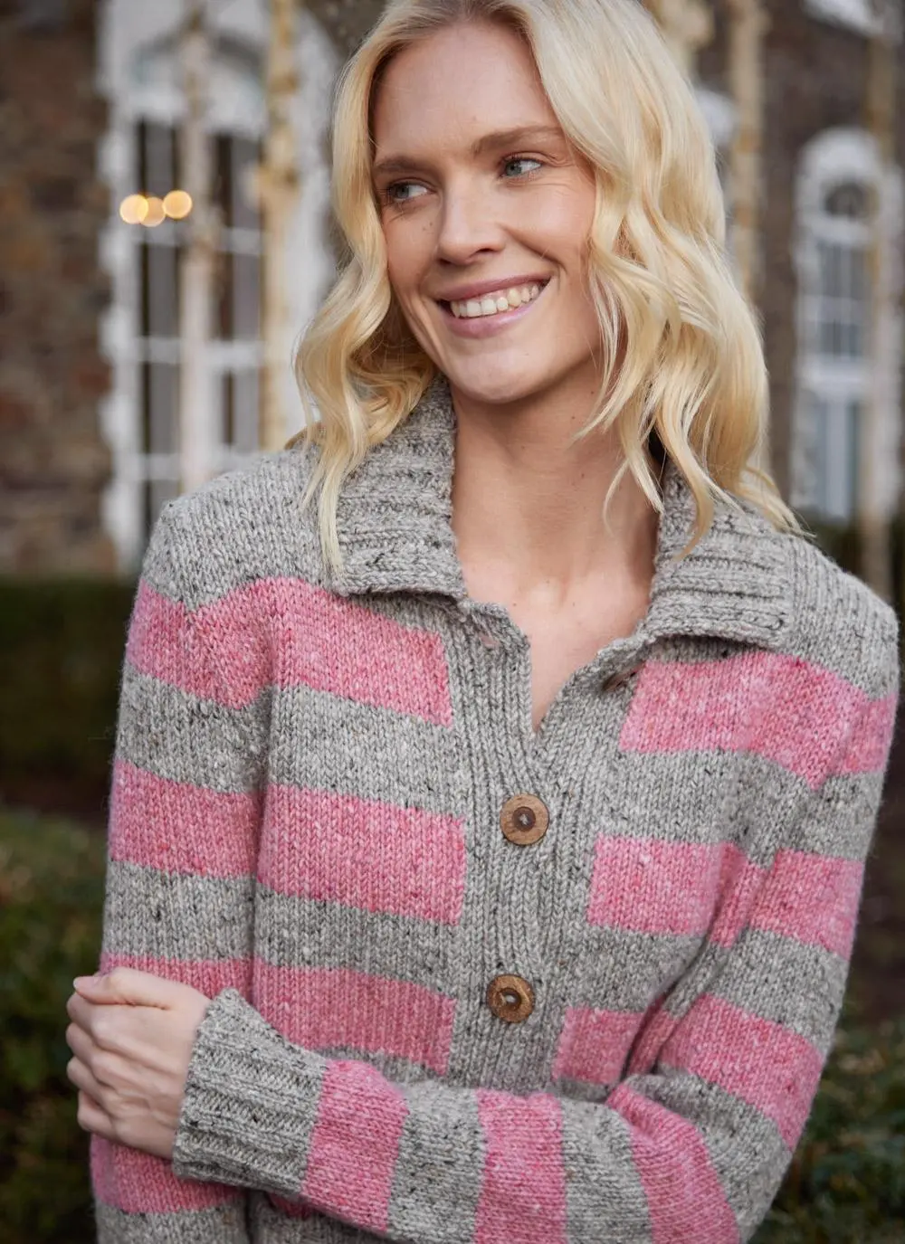 Stripe Button Cardigan with Collar