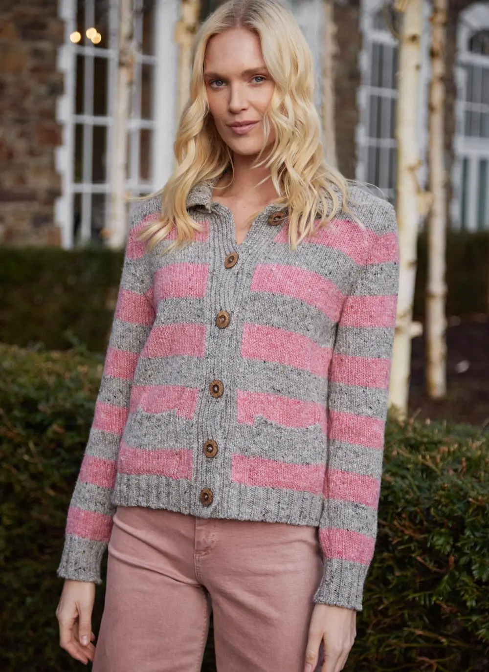 Stripe Button Cardigan with Collar