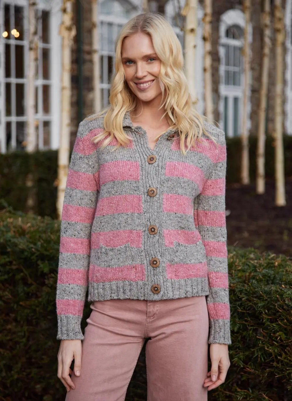 Stripe Button Cardigan with Collar