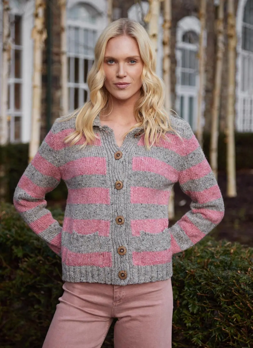 Stripe Button Cardigan with Collar