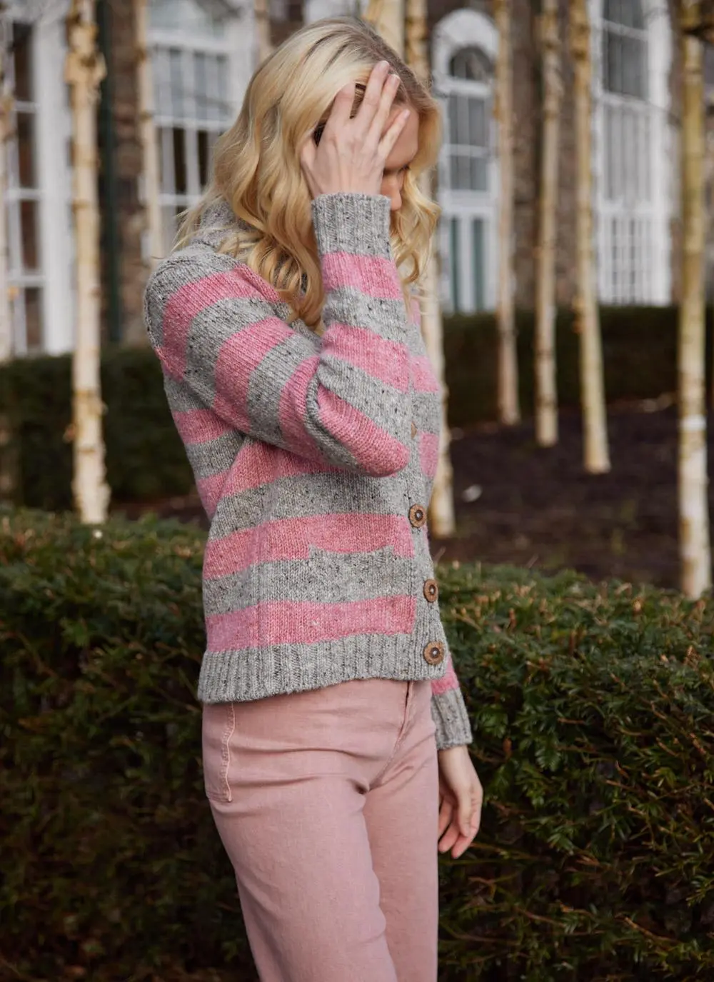 Stripe Button Cardigan with Collar