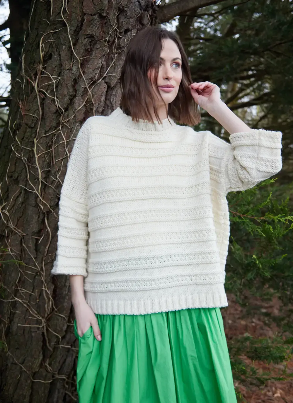 Textured Stripe Wool Crew Neck Sweater