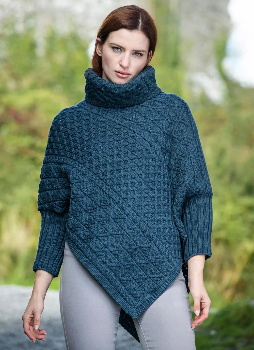Aran Cowl Neck Poncho with Sleeves  