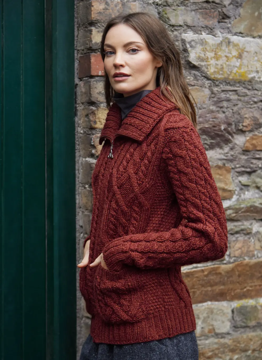Ella Double Collar Aran Zip Cardigan