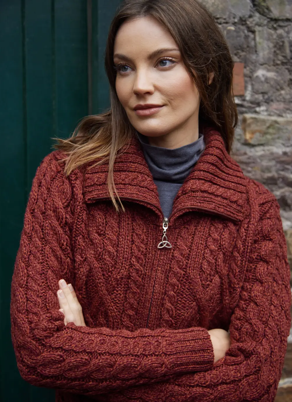Ella Double Collar Aran Zip Cardigan