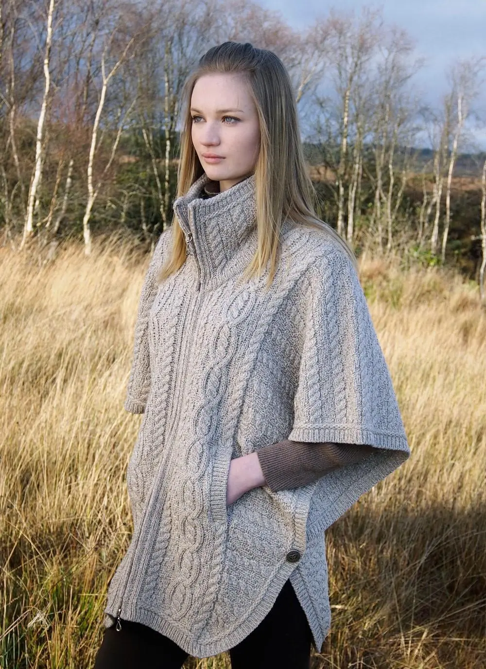 Aran Double Collar Zip Poncho 