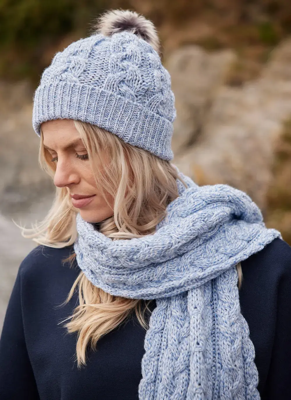 Cable Knit Pom Pom Hat in Ice Blue