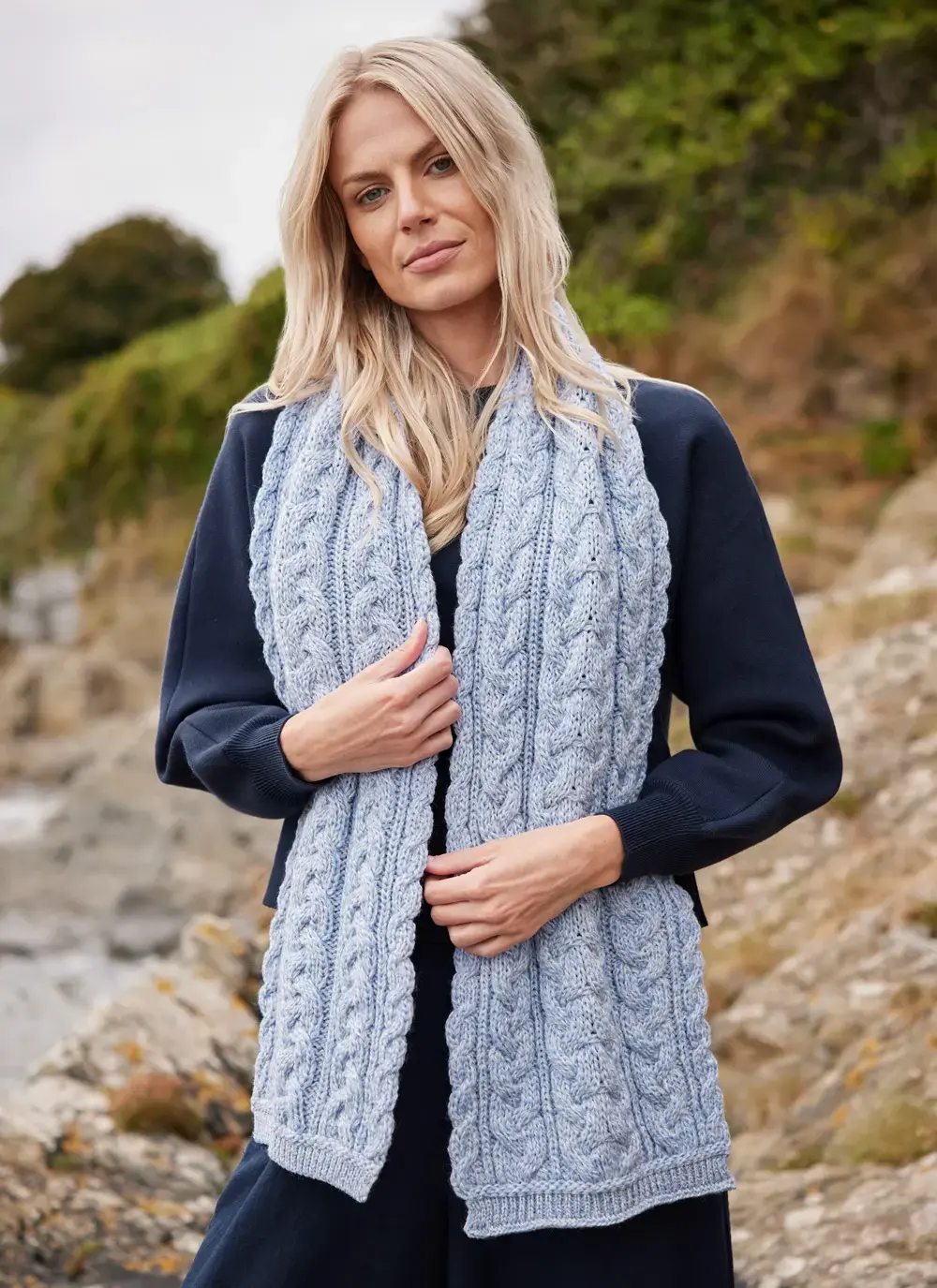 Chunky Cable Knit Scarf in Ice Blue 