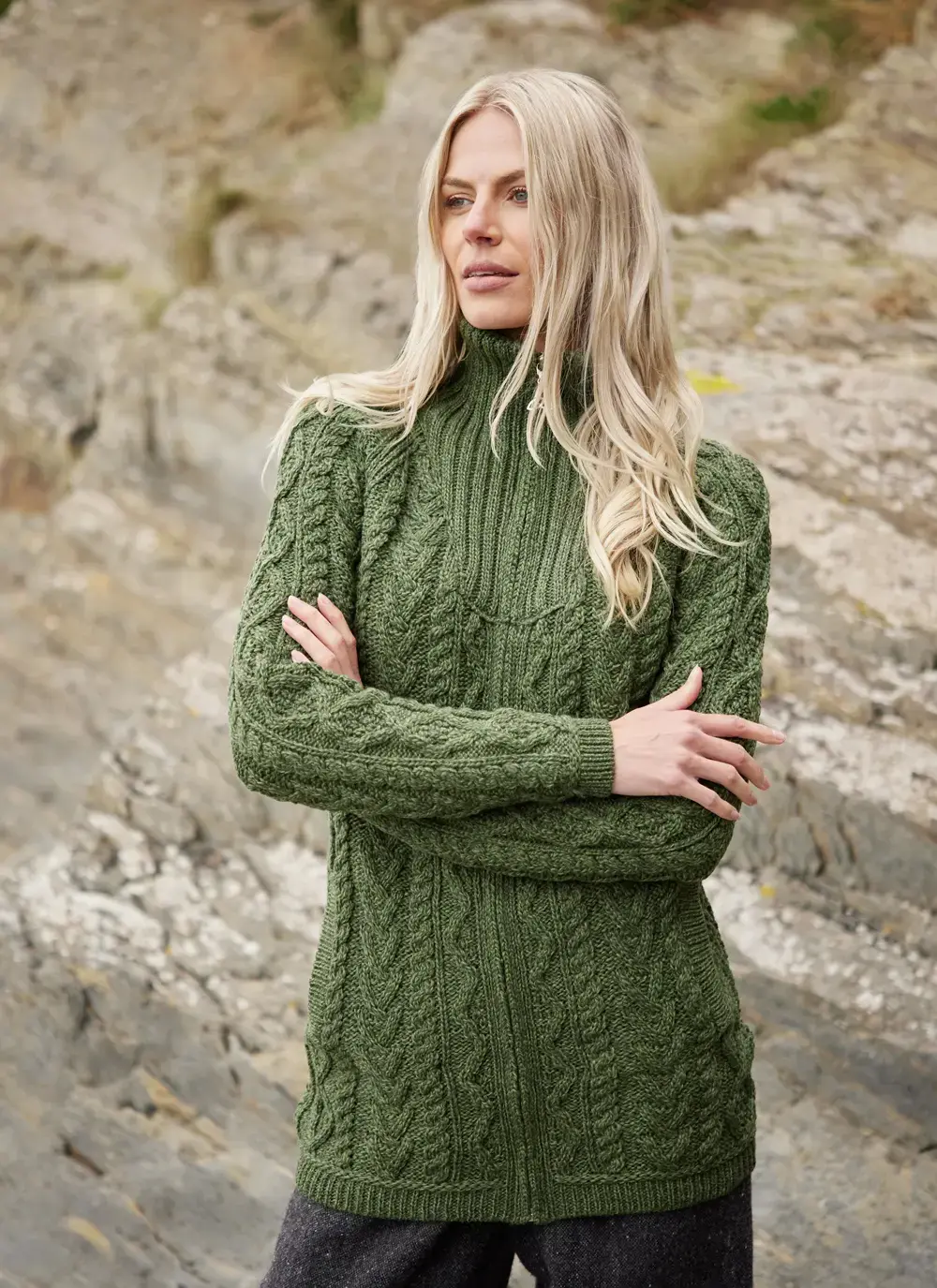 Long Troyer Full Zip Aran Cardigan in Meadow With Cable 