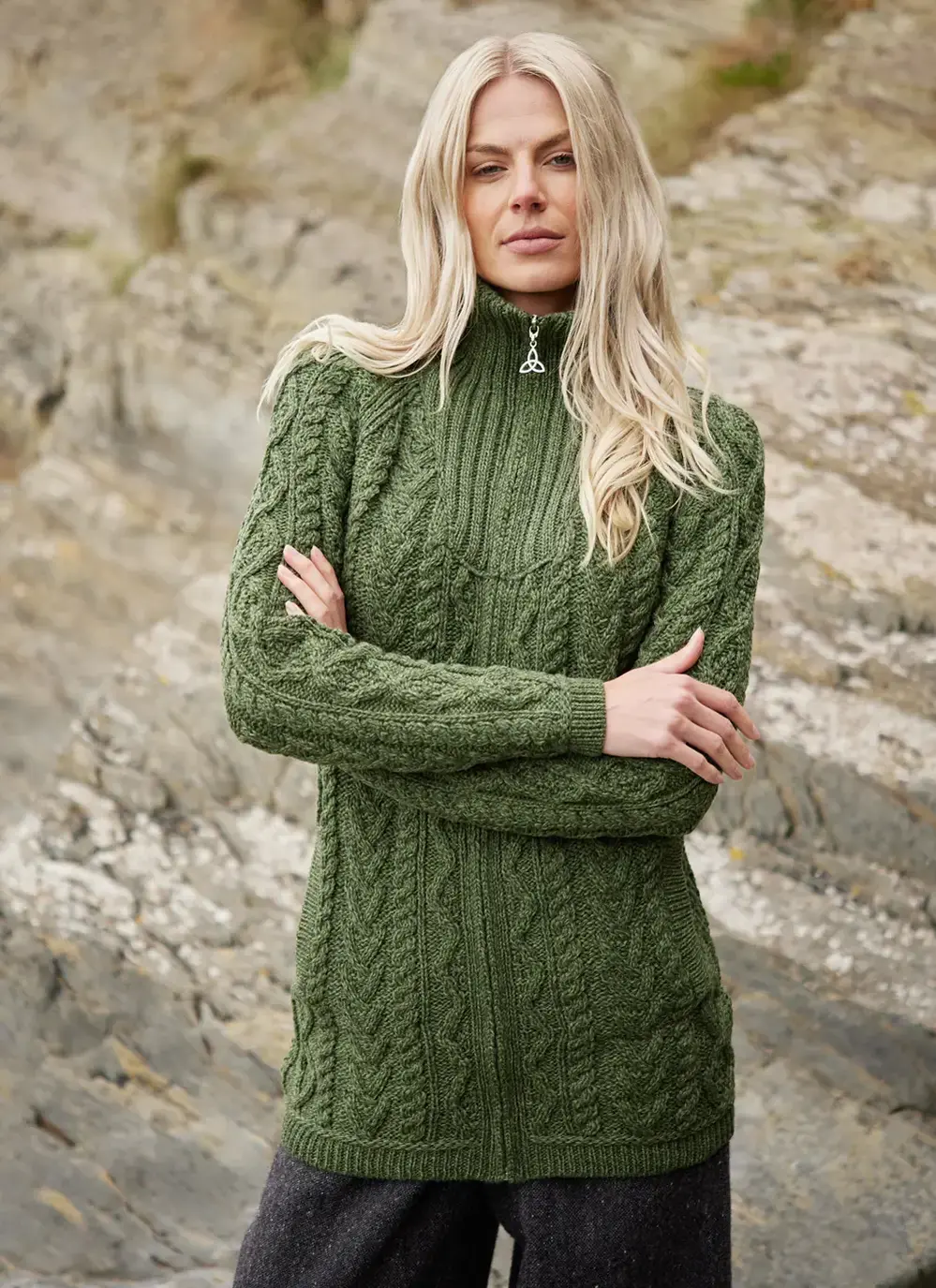 Long Troyer Full Zip Aran Cardigan in Meadow With Cable 