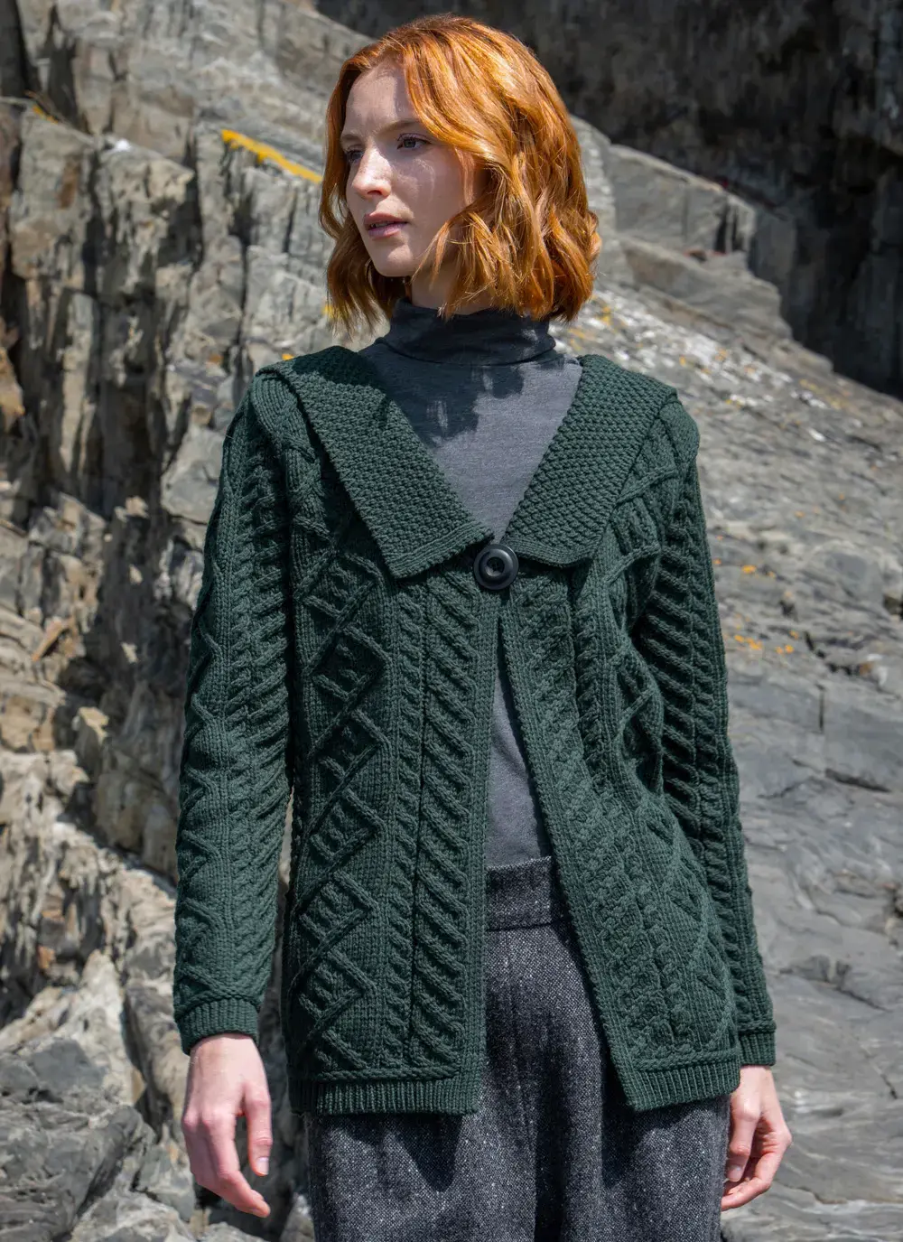 One Button Collar Cardigan in Cedar Green Merino Wool