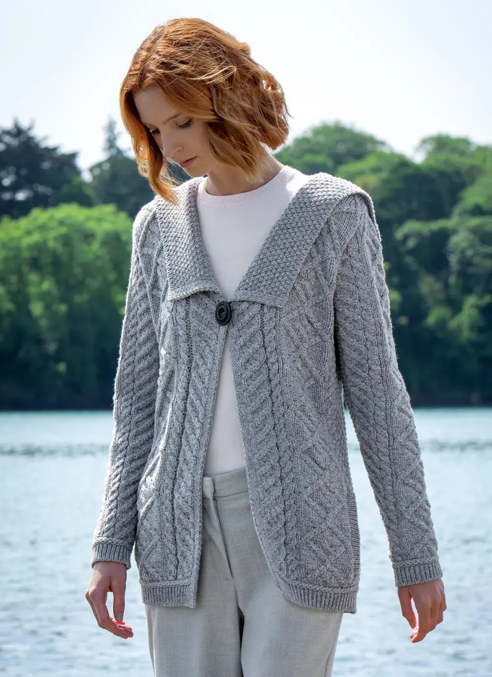 One Button Collar Cardigan in Soft Grey Merino Wool