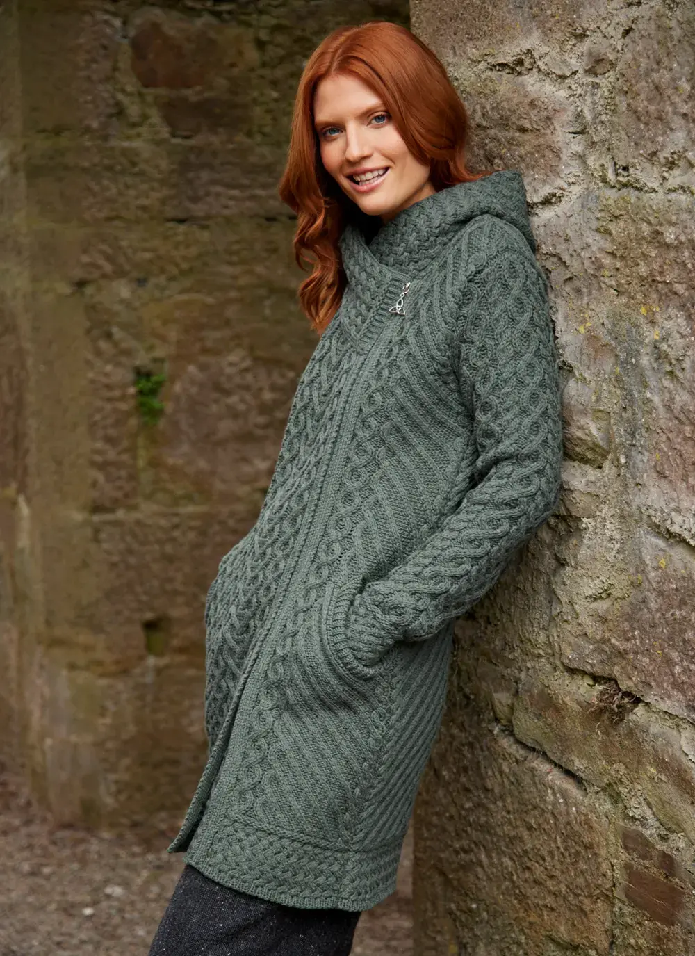 Catriona Side Zip Hooded Coatigan in Tundra Green