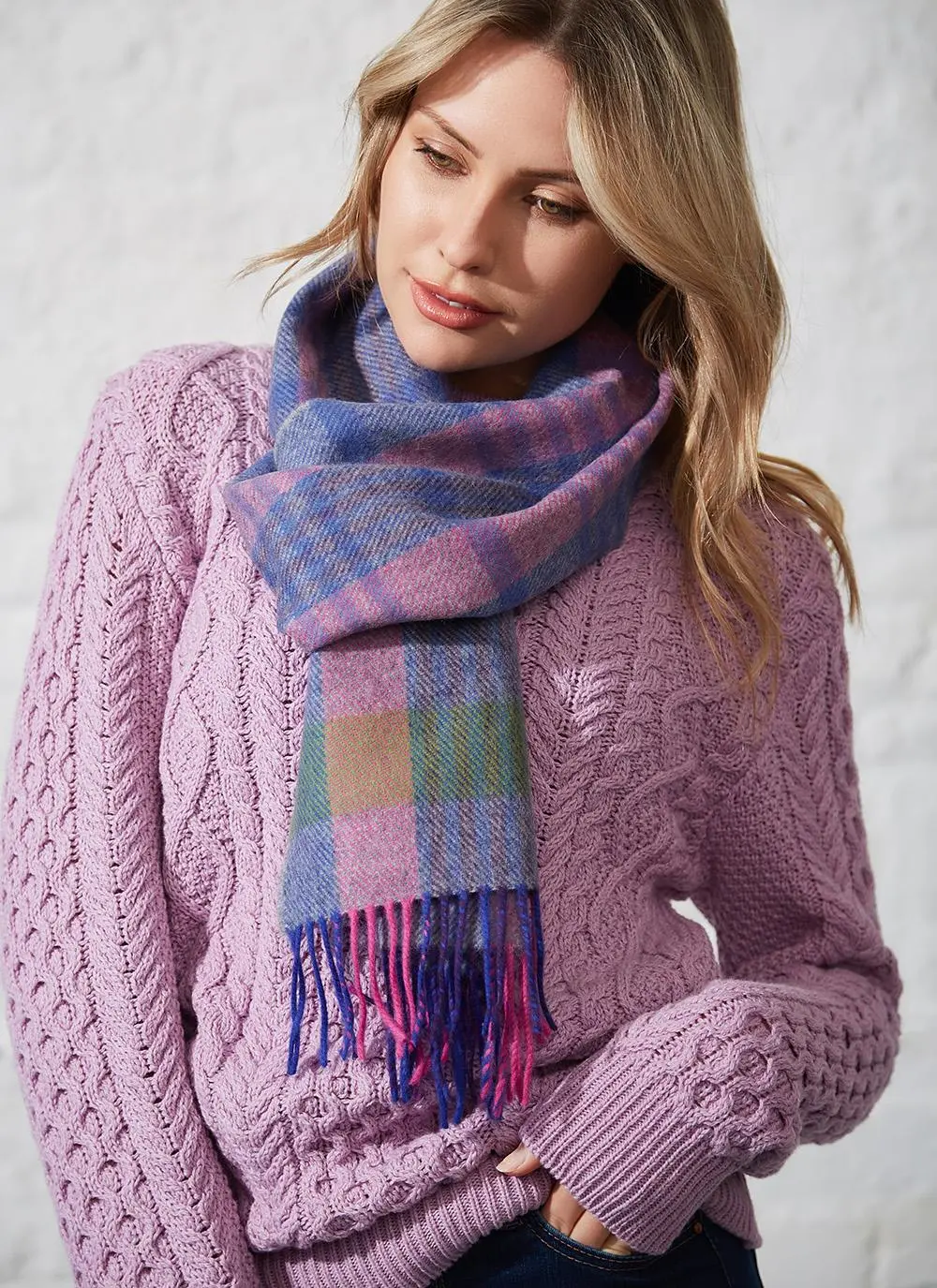 Wool Cashmere Scarf Blue & Pink Check