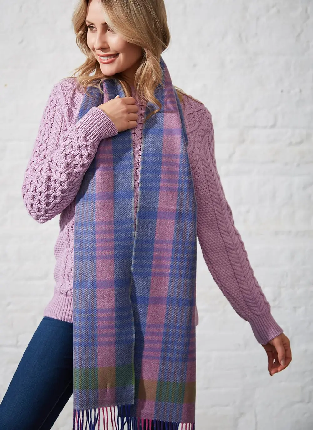 Wool Cashmere Scarf Blue & Pink Check