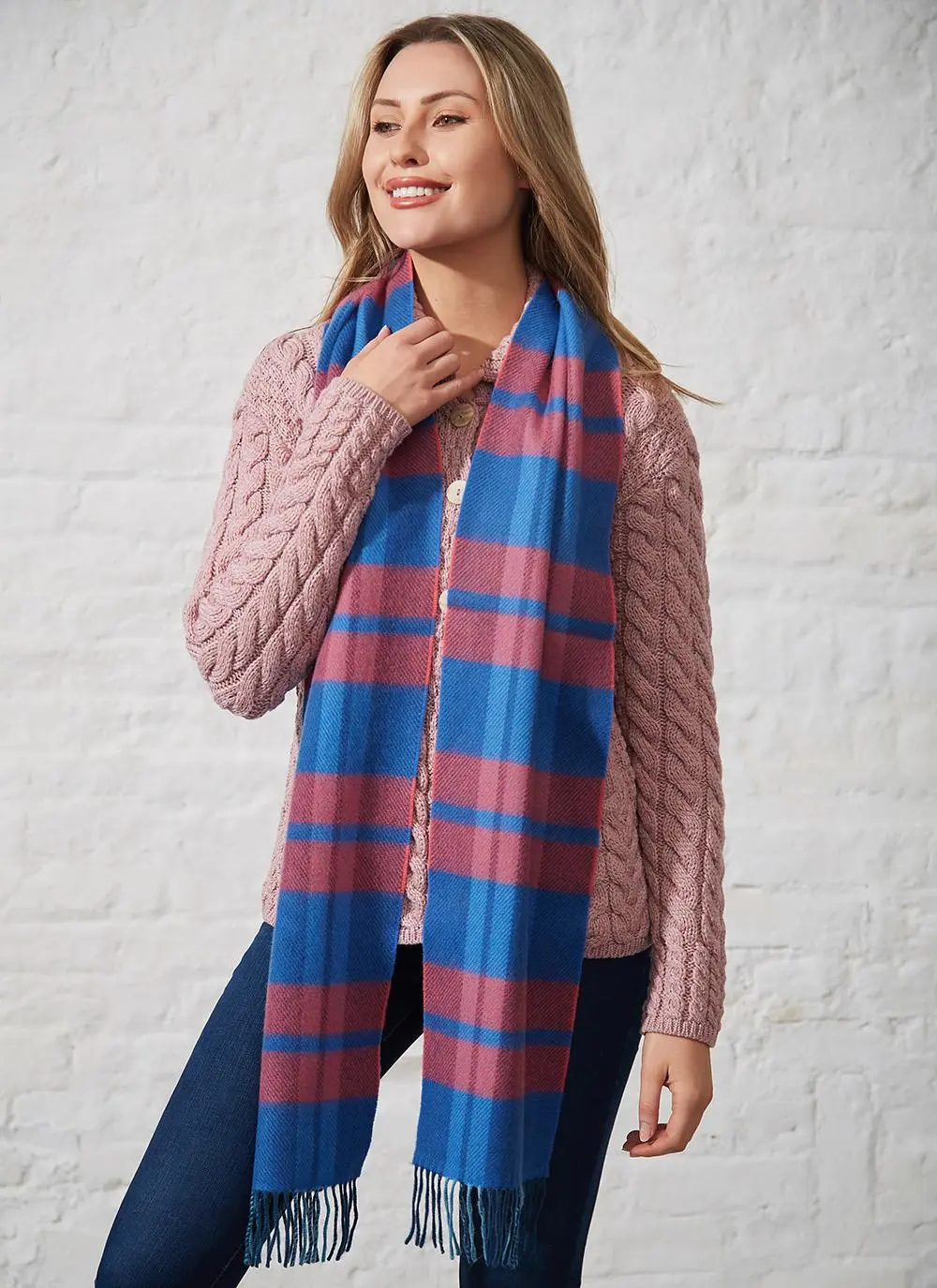 Wool Cashmere Scarf Blue & Pink Plaid