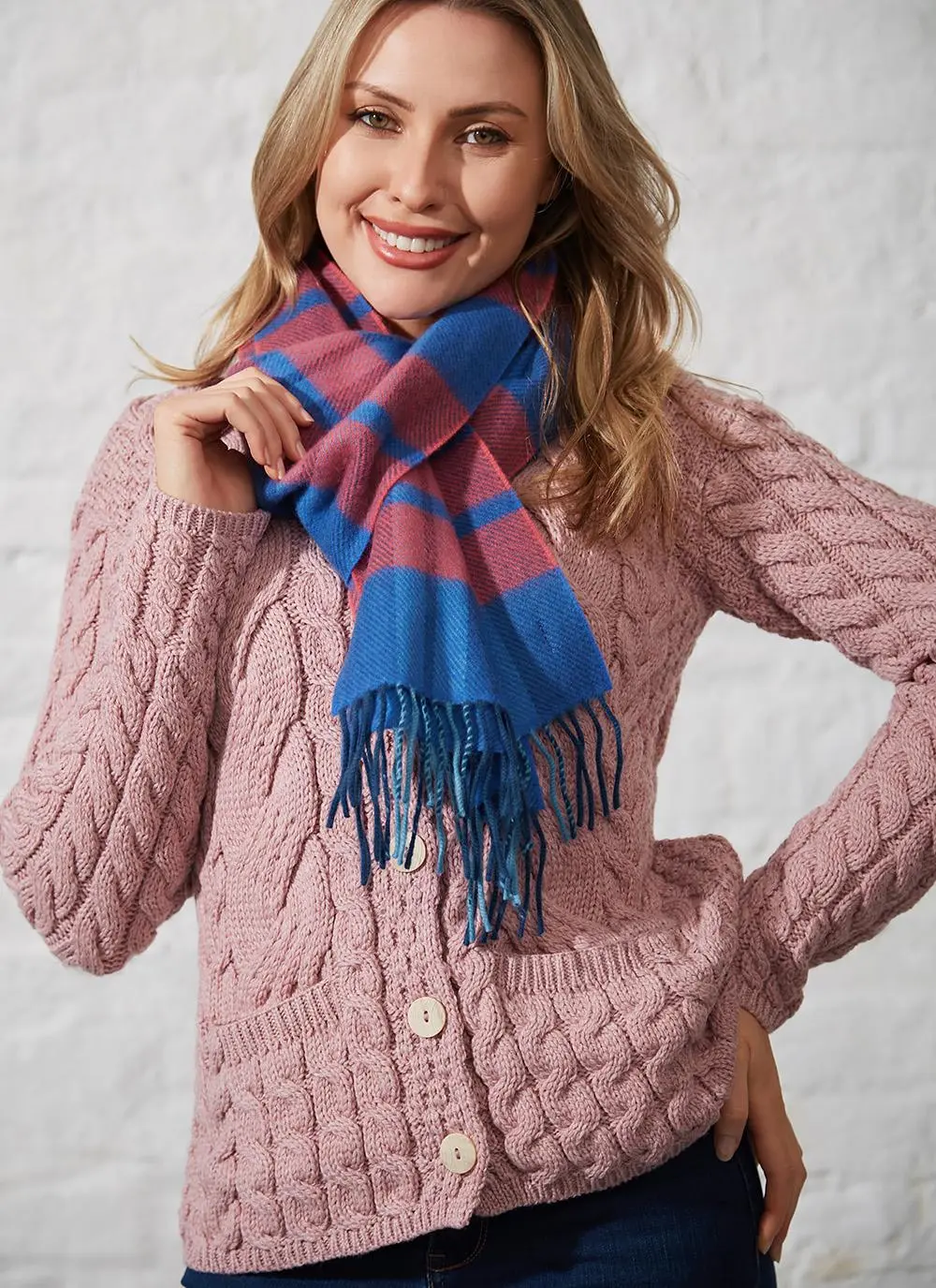 Wool Cashmere Scarf Blue & Pink Plaid
