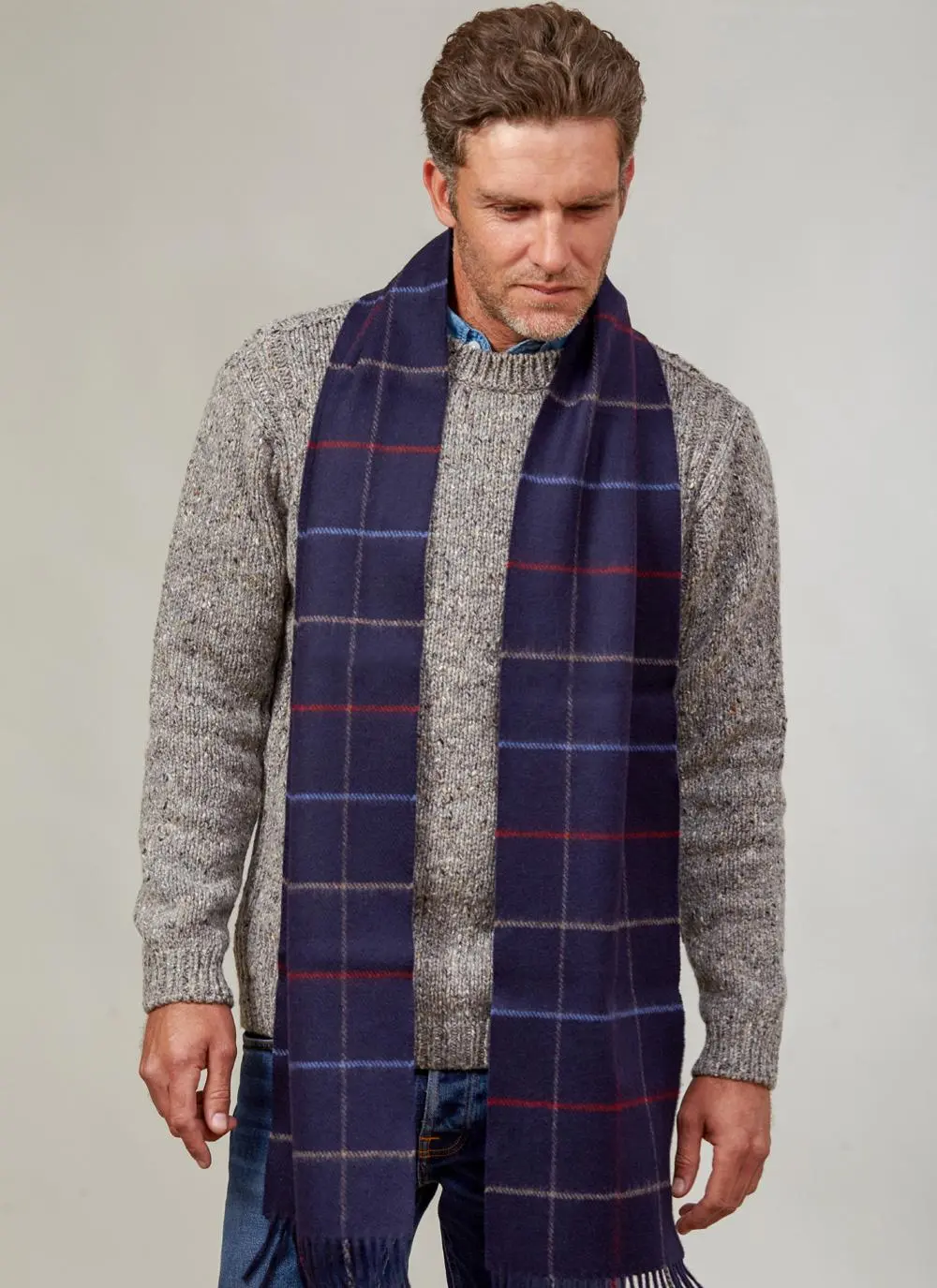 Wool Cashmere Scarf Navy Blue Check
