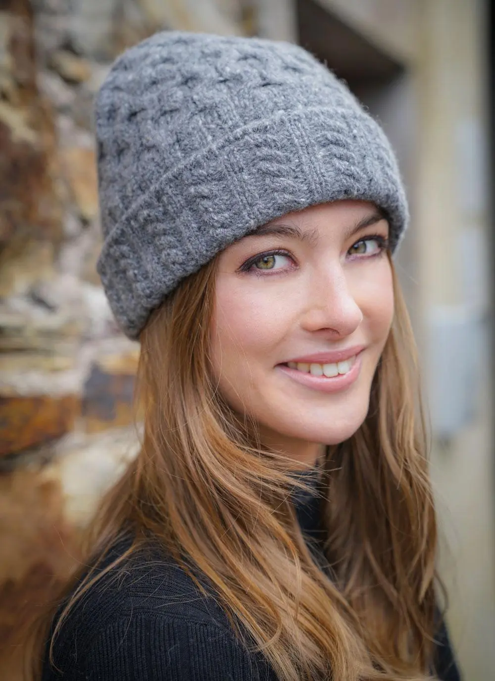 Wool Cashmere Cable Hat Charcoal