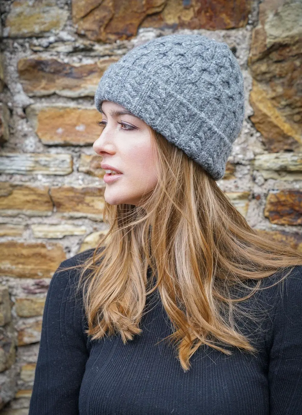 Wool Cashmere Cable Hat Charcoal