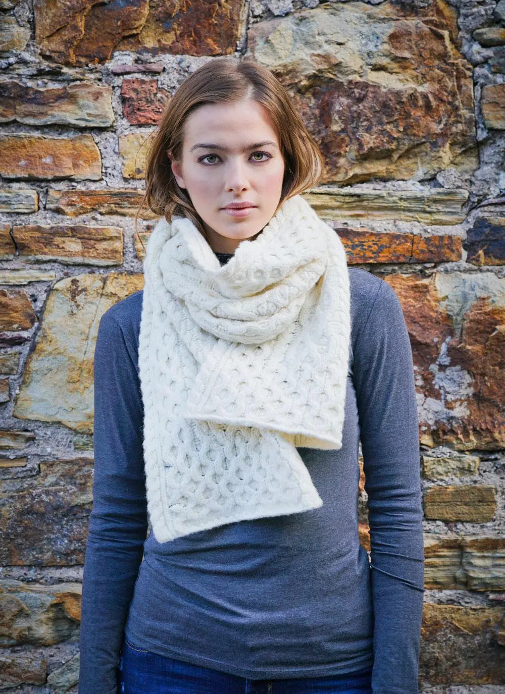 Wool Cashmere Cable Scarf Natural