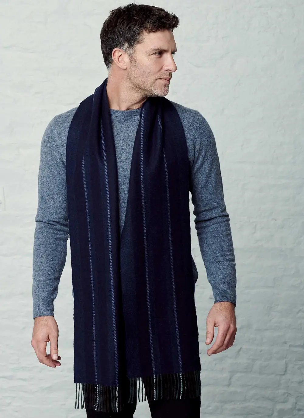 Wool Cashmere Scarf Navy Vertical Stripe