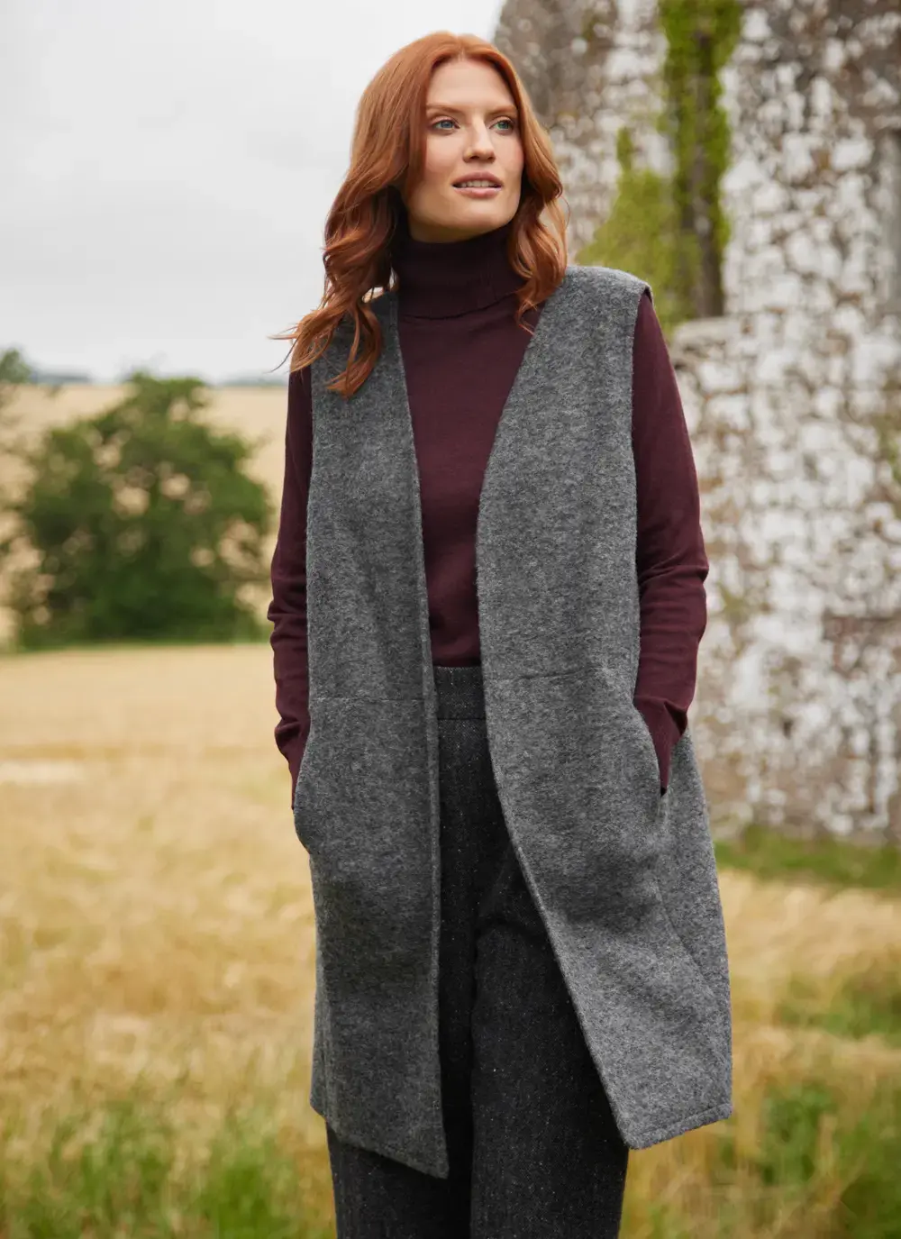 Eva Wool Long Gilet in Grey two side pockets and an open, edge-to-edge silhouette