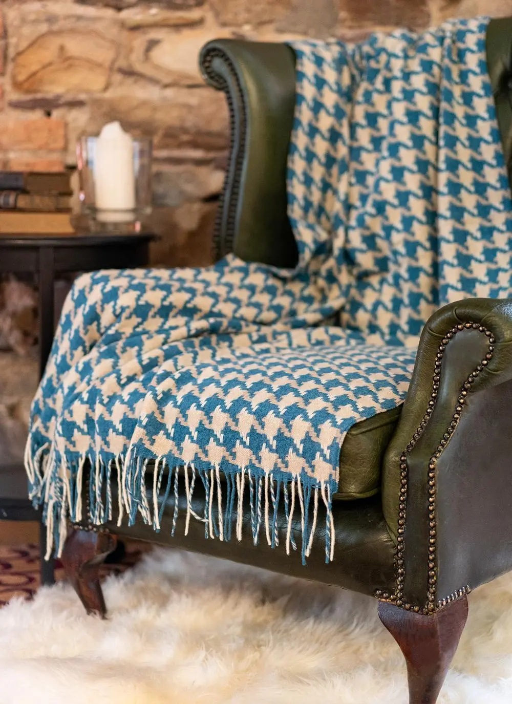 Camel & Aqua Houndstooth Lambswool Throw