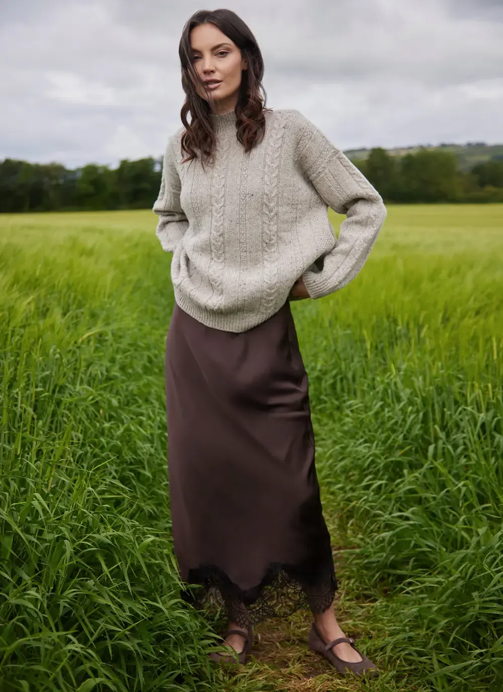 Cara Wool Cashmere Cable Turtleneck in Beige