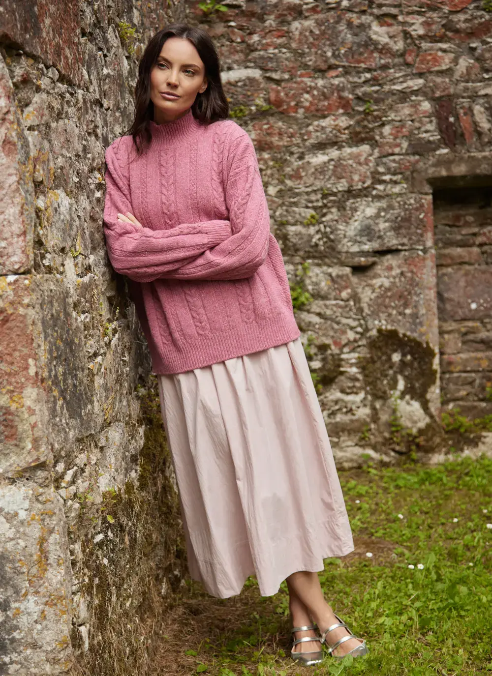 Cara Wool Cashmere Cable Turtleneck in Candy Pink