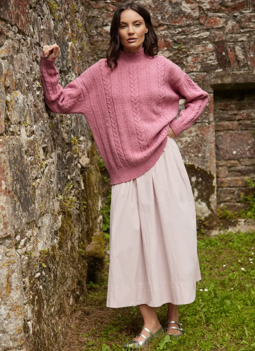 Cara Wool Cashmere Cable Turtleneck in Candy Pink
