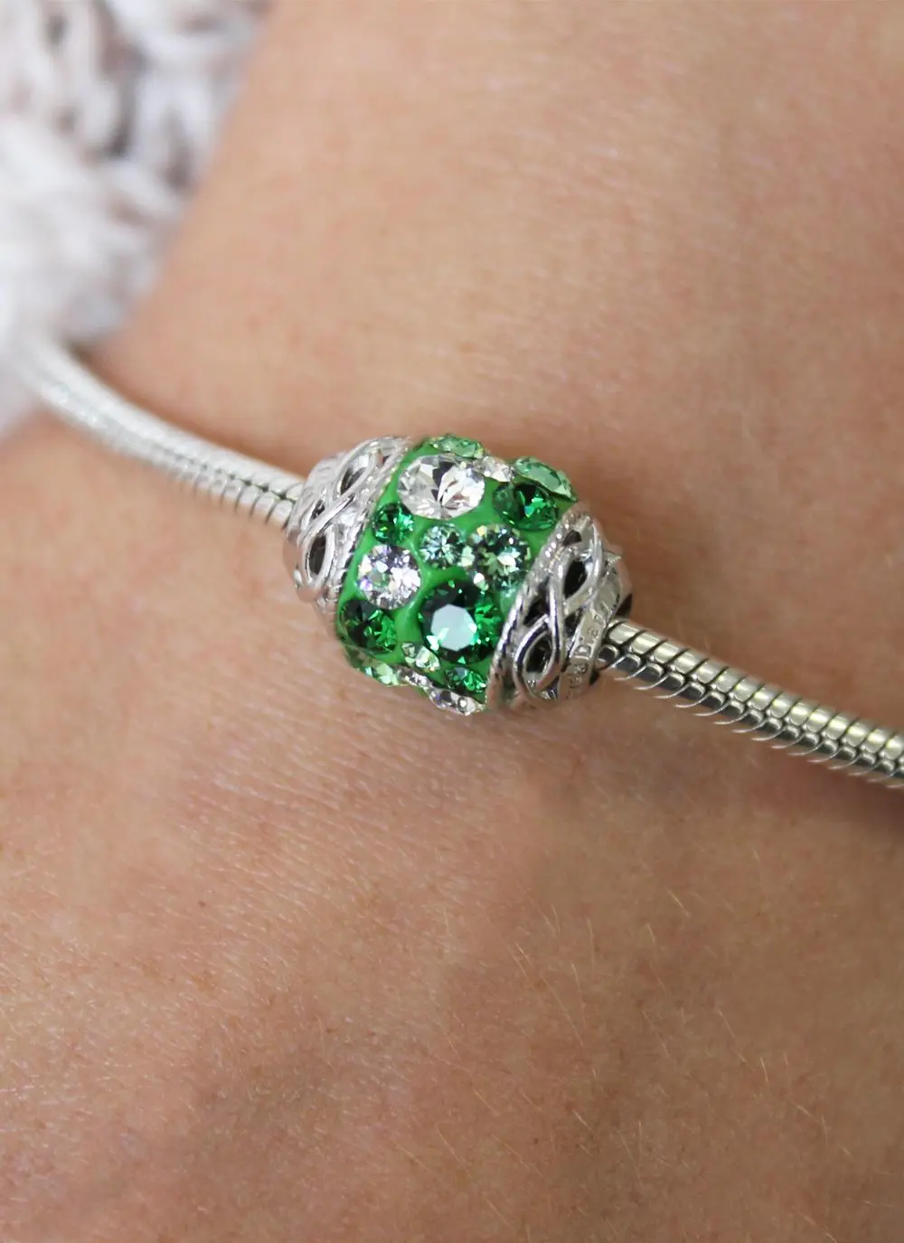 Celtic Knot Bead Adorned With Green Swarovski Crystals