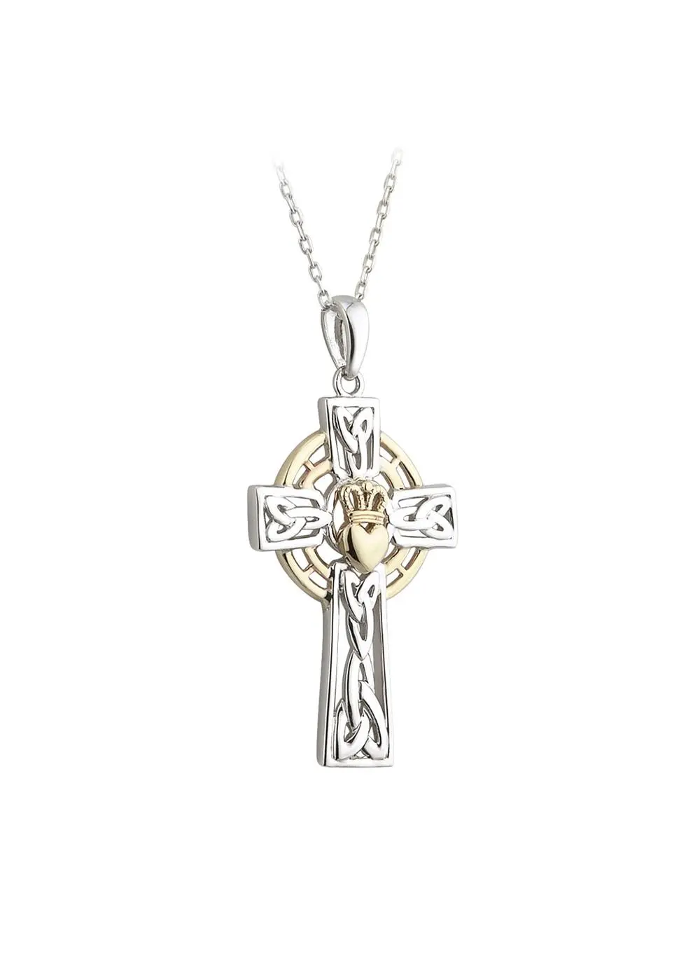 10K Gold & Sterling Silver Claddagh Cross Pendant
