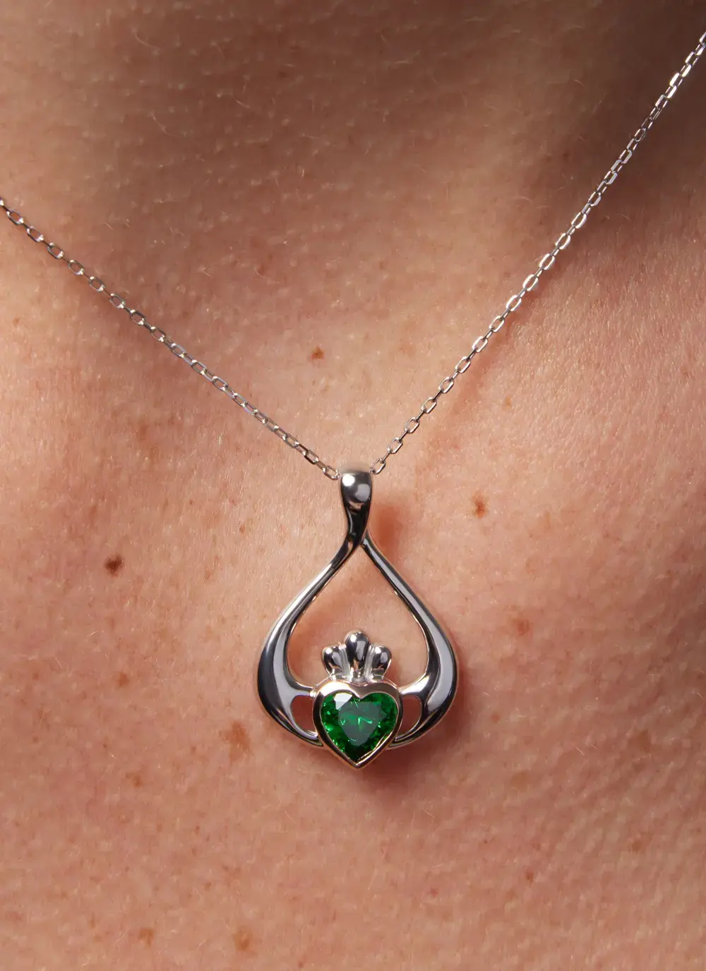 Sterling Silver & Rare Irish Rose Gold Claddagh Pendant with Green Cubic Zirconia