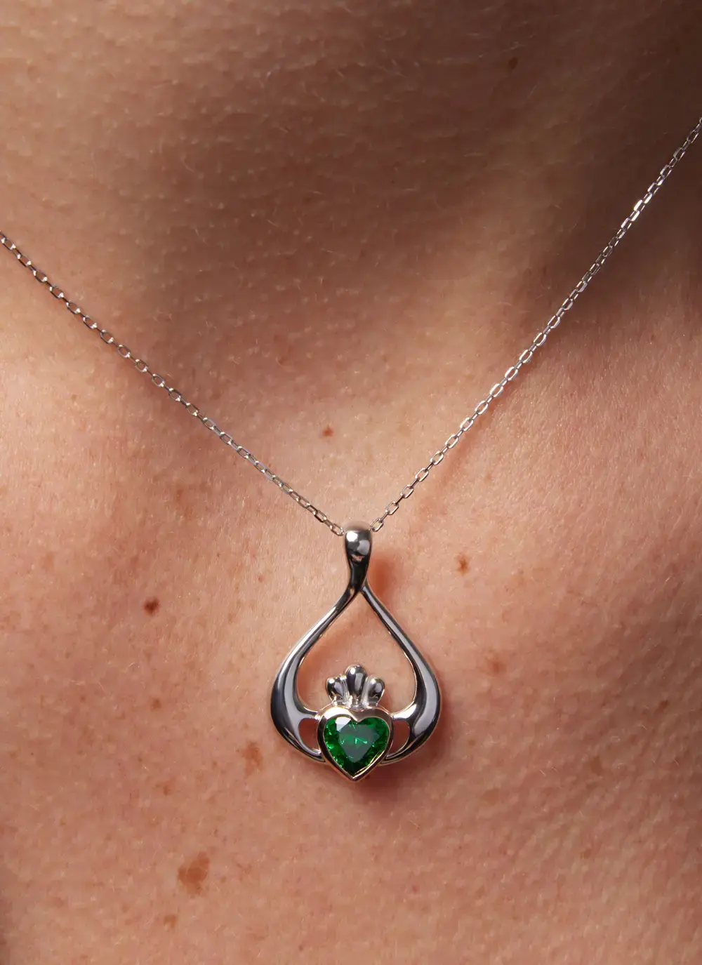 Sterling Silver & Rare Irish Rose Gold Claddagh Pendant with Green Cubic Zirconia