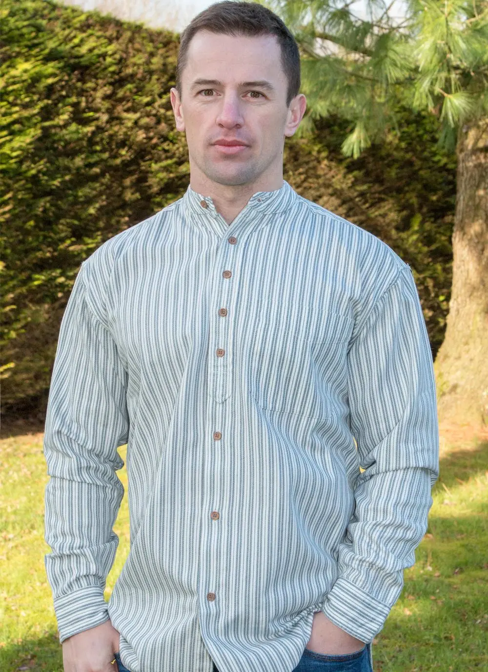 Collarless Grandfather Black Stripe Shirt