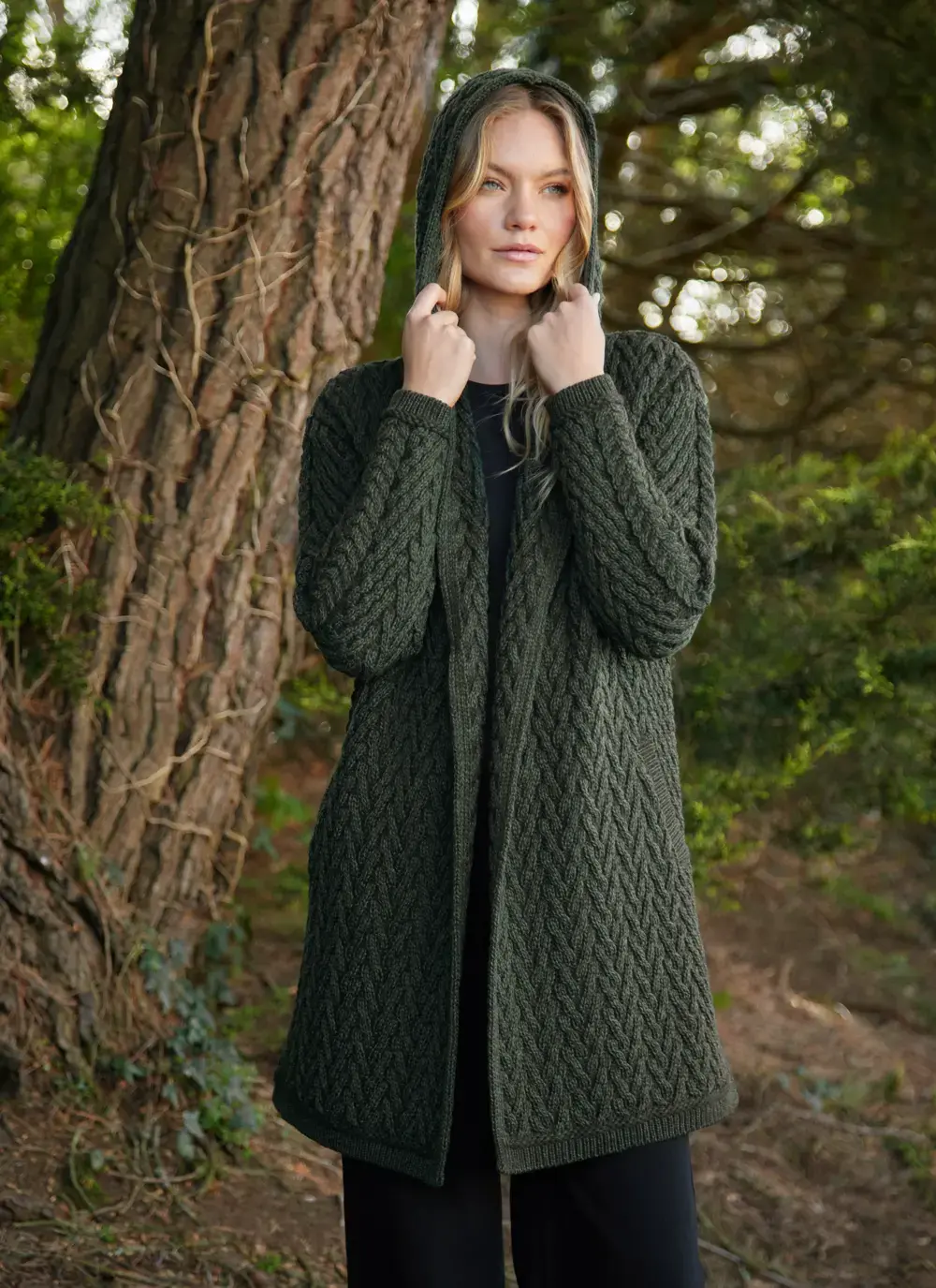 Eimear Aran Cable Knit Hooded Cardigan in Army Green 